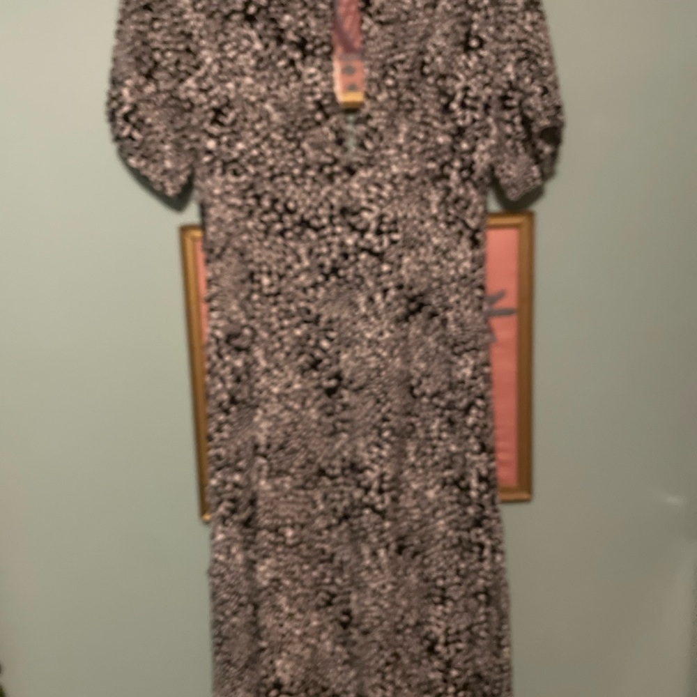 Free People Black and White Wrap Midi Dress with Puff Sleeves - Picture 7 of 8